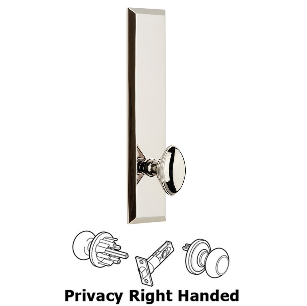 Grandeur Privacy Fifth Avenue Tall Plate with Eden Prairie Right Handed Knob in Polished Nickel