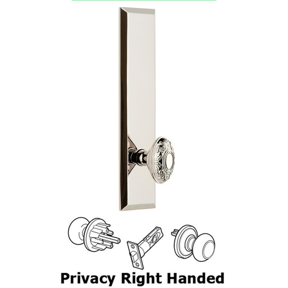 Grandeur Privacy Fifth Avenue Tall Plate with Grande Victorian Right Handed Knob in Polished Nickel