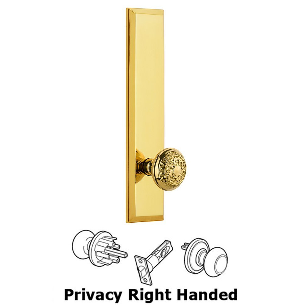 Grandeur Privacy Fifth Avenue Tall Plate with Windsor Right Handed Knob in Lifetime Brass