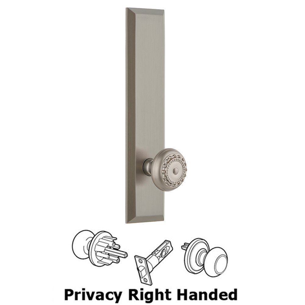 Grandeur Privacy Fifth Avenue Tall Plate with Parthenon Right Handed Knob in Satin Nickel