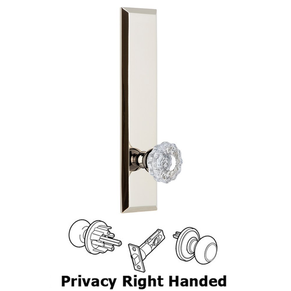 Grandeur Privacy Fifth Avenue Tall Plate with Versailles Right Handed Knob in Polished Nickel