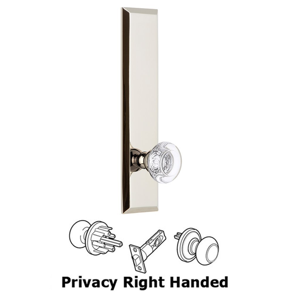 Grandeur Privacy Fifth Avenue Tall Plate with Bordeaux Right Handed Knob in Polished Nickel