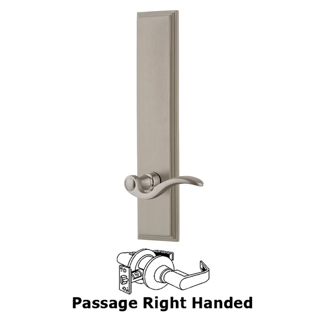 Grandeur Passage Carre Tall Plate with Bellagio Right Handed Lever in Satin Nickel