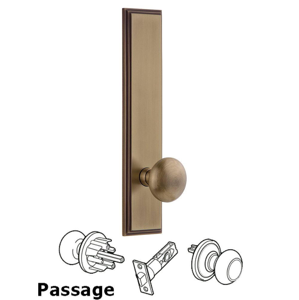 Grandeur Passage Carre Tall Plate with Fifth Avenue Knob in Vintage Brass