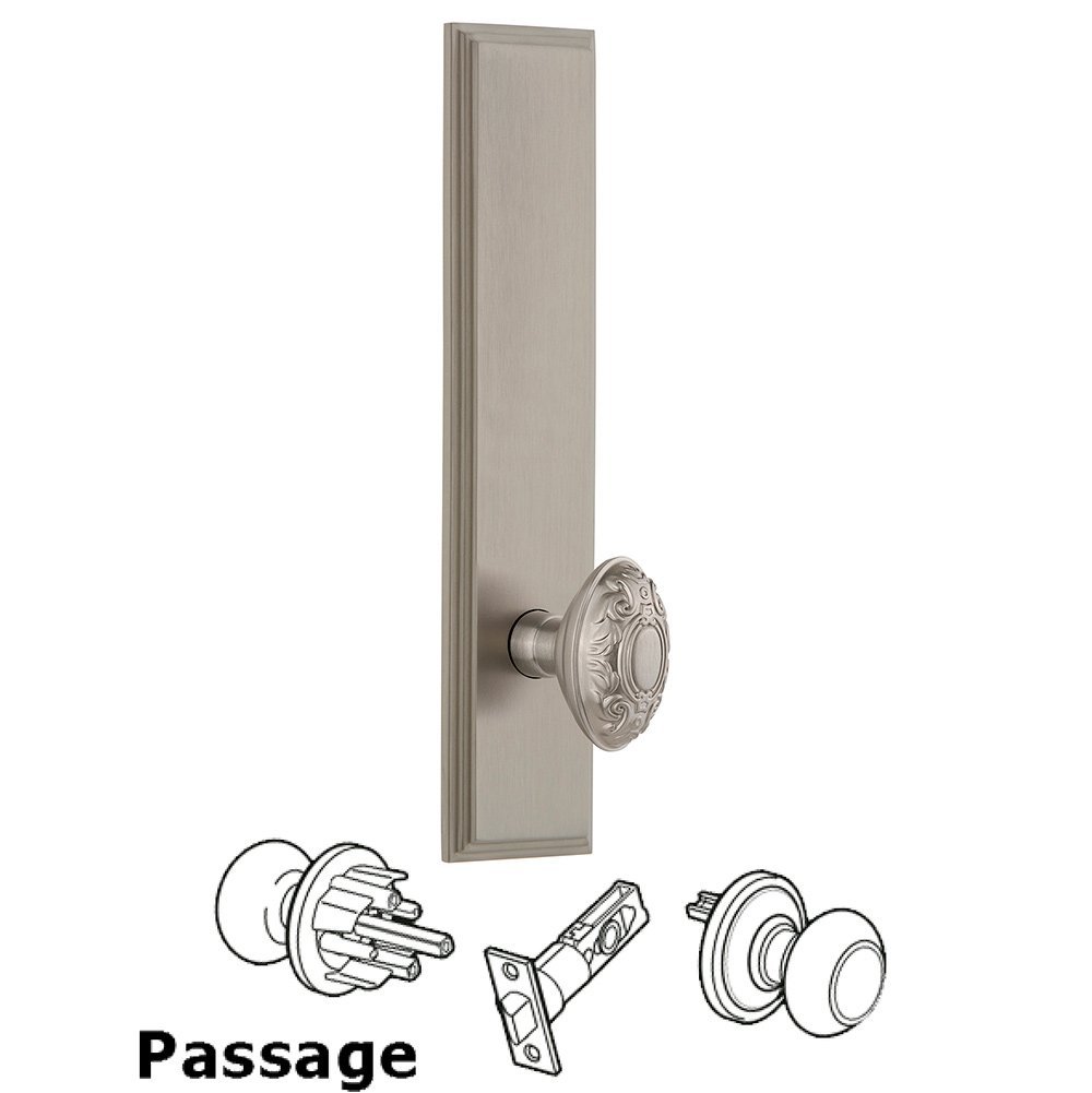 Grandeur Passage Carre Tall Plate with Grande Victorian Knob in Satin Nickel