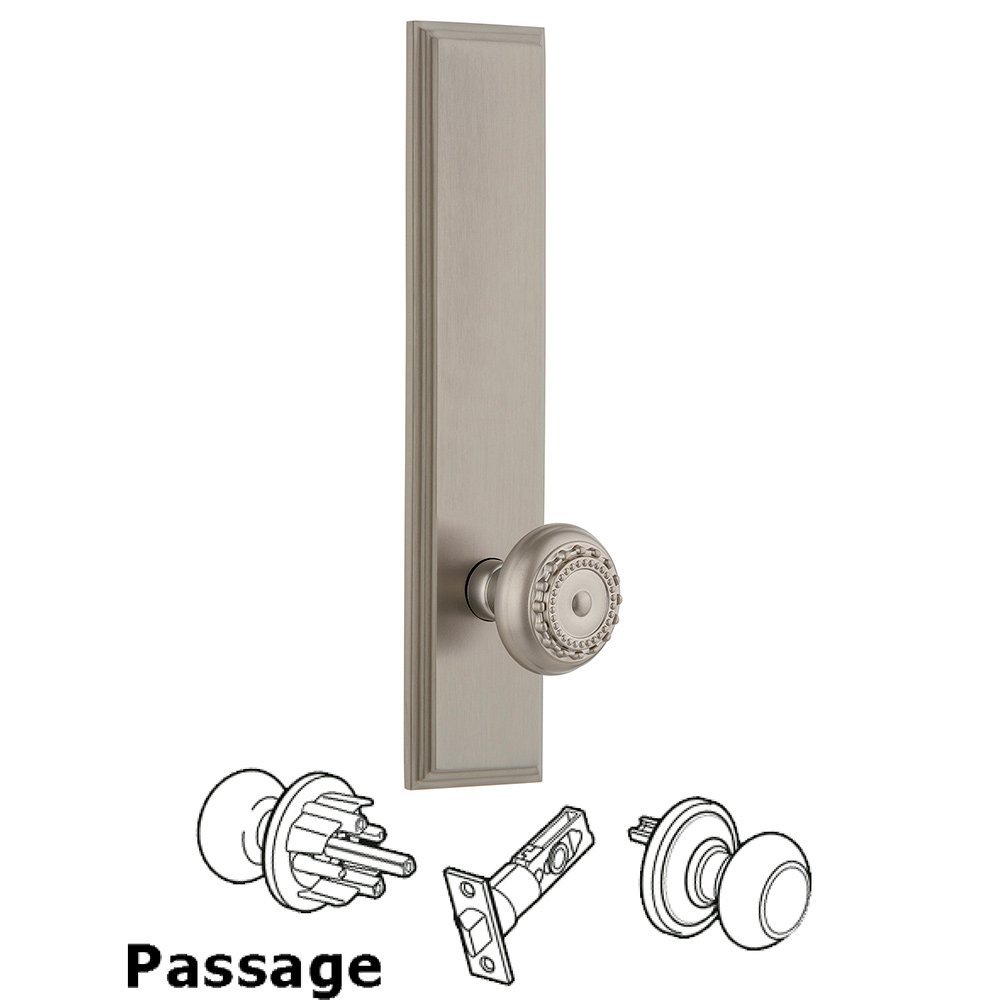 Grandeur Passage Carre Tall Plate with Parthenon Knob in Satin Nickel