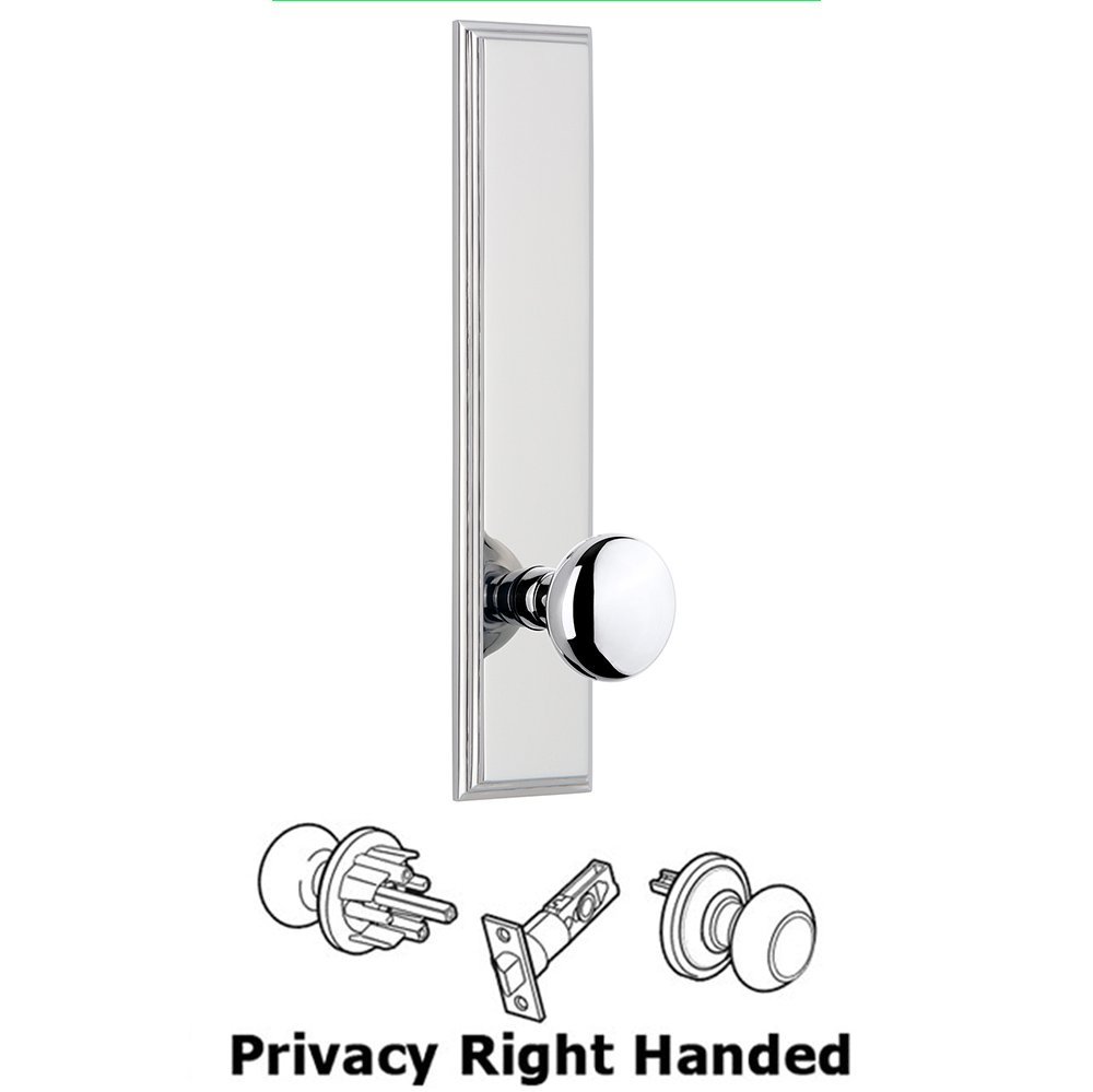 Grandeur Privacy Carre Tall Plate with Fifth Avenue Right Handed Knob in Bright Chrome