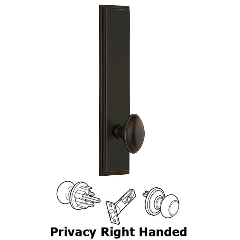Grandeur Privacy Carre Tall Plate with Eden Prairie Right Handed Knob in Timeless Bronze
