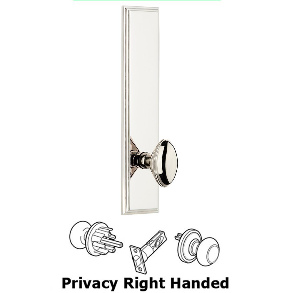 Grandeur Privacy Carre Tall Plate with Eden Prairie Right Handed Knob in Polished Nickel