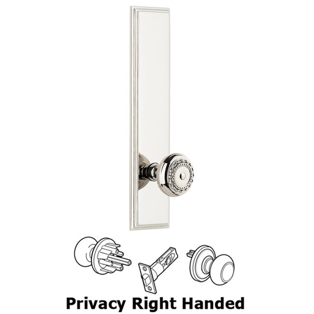 Grandeur Privacy Carre Tall Plate with Parthenon Right Handed Knob in Polished Nickel