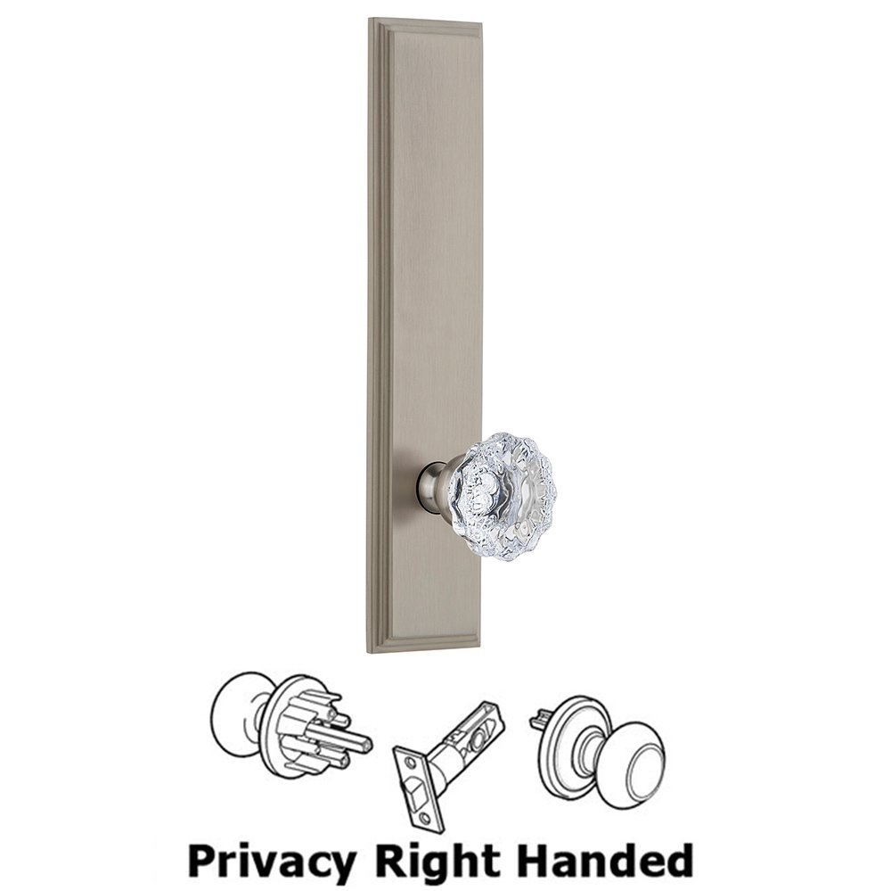 Grandeur Privacy Carre Tall Plate with Fontainebleau Right Handed Knob in Satin Nickel