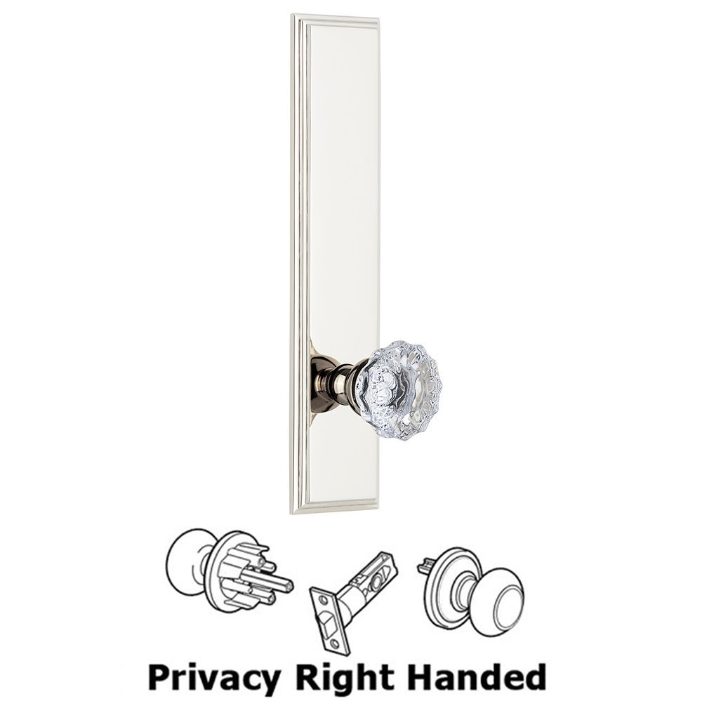 Grandeur Privacy Carre Tall Plate with Fontainebleau Right Handed Knob in Polished Nickel