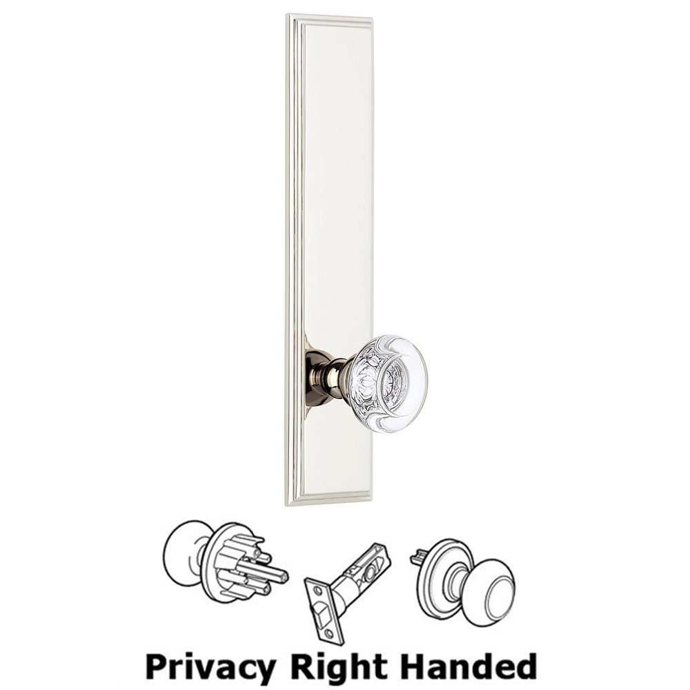 Grandeur Privacy Carre Tall Plate with Bordeaux Right Handed Knob in Polished Nickel