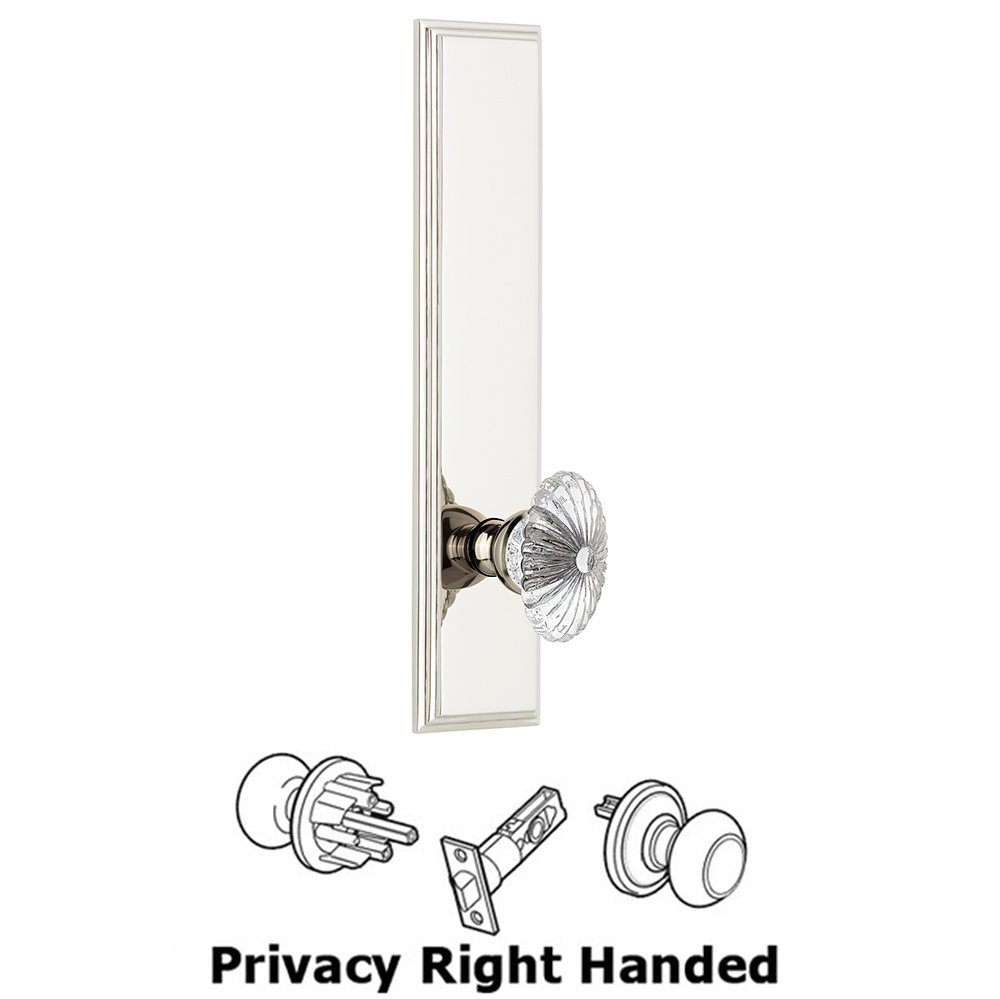Grandeur Privacy Carre Tall Plate with Burgundy Right Handed Knob in Polished Nickel