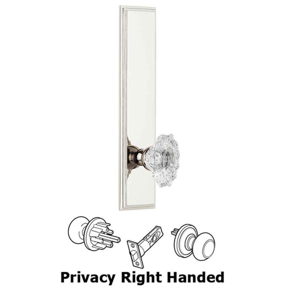 Grandeur Privacy Carre Tall Plate with Biarritz Right Handed Knob in Polished Nickel