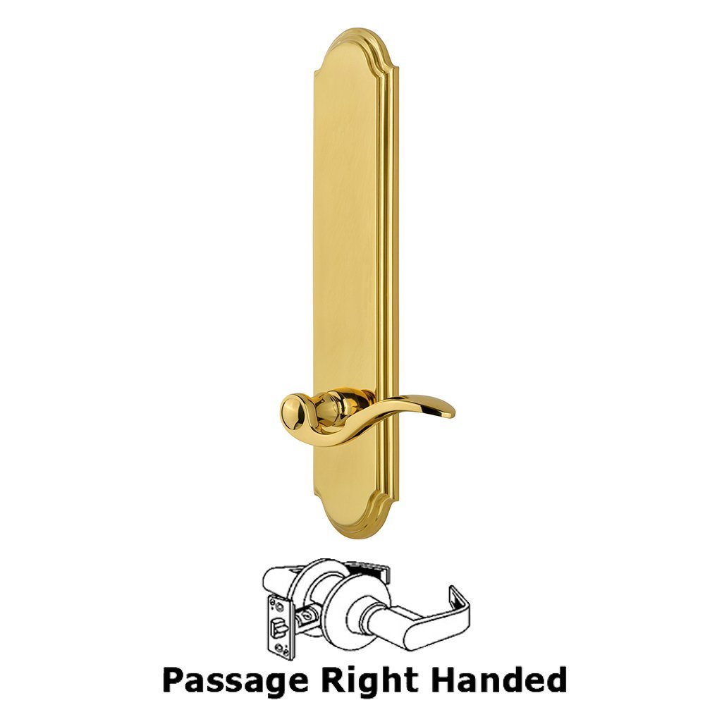 Grandeur Tall Plate Passage with Bellagio Right Handed Lever in Polished Brass
