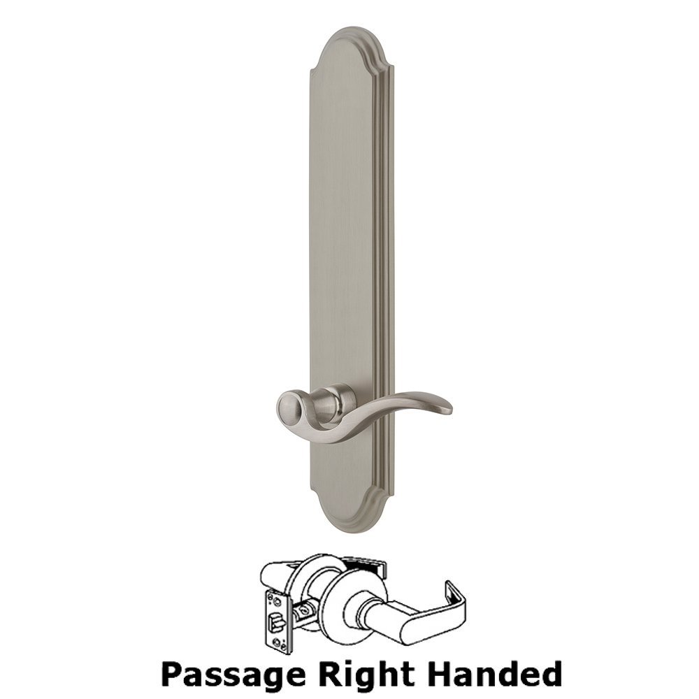 Grandeur Tall Plate Passage with Bellagio Right Handed Lever in Satin Nickel