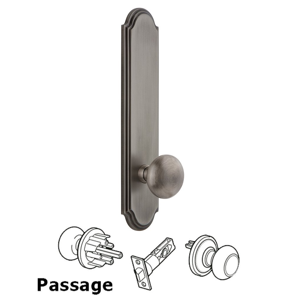 Grandeur Tall Plate Passage with Fifth Avenue Knob in Antique Pewter
