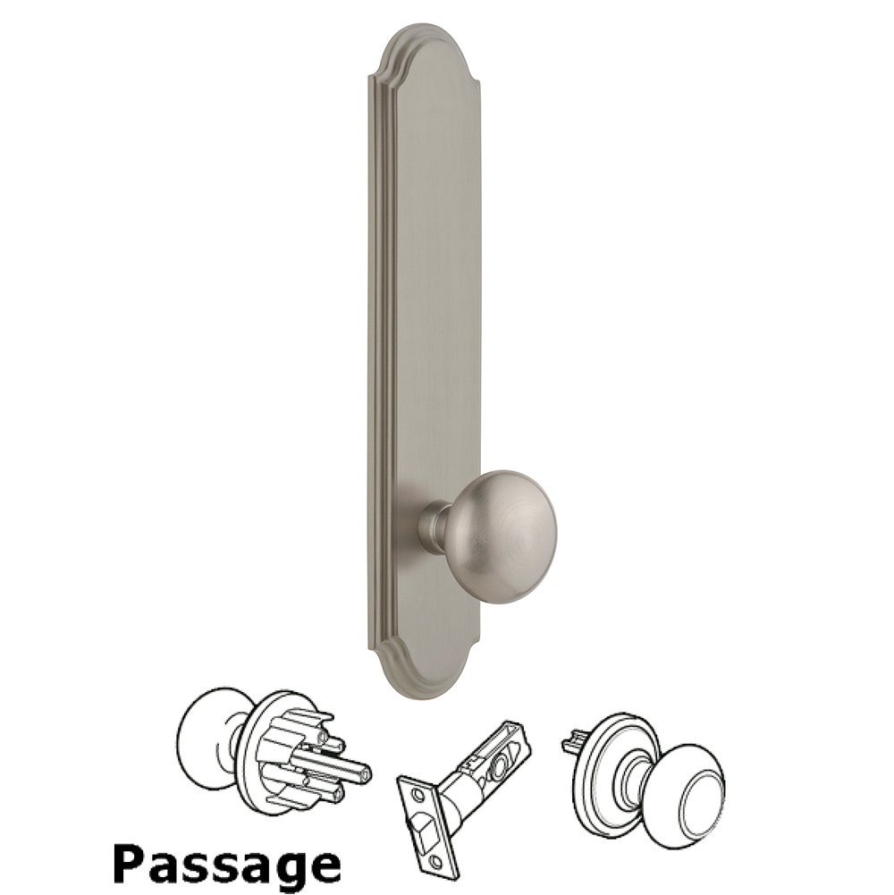 Grandeur Tall Plate Passage with Fifth Avenue Knob in Satin Nickel