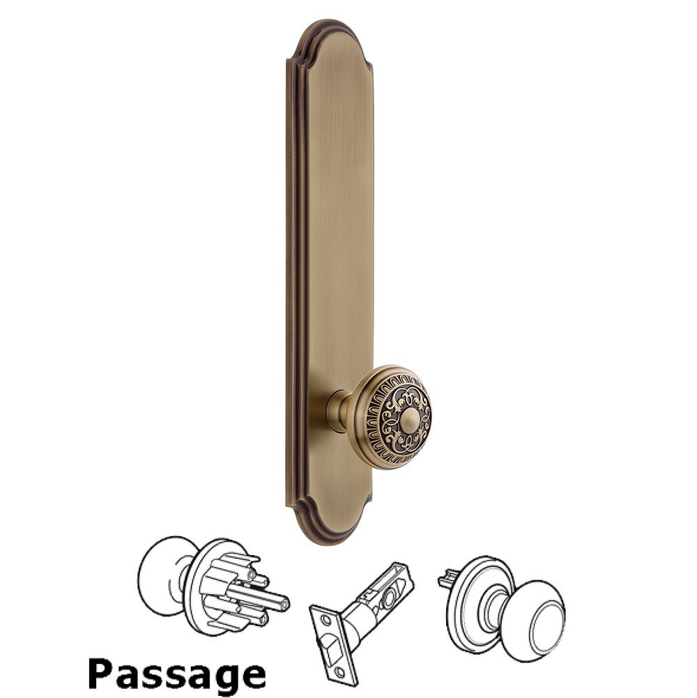 Grandeur Tall Plate Passage with Windsor Knob in Vintage Brass