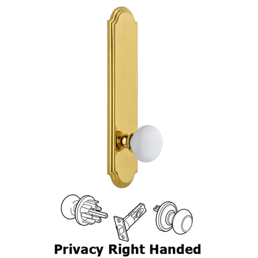 Grandeur Tall Plate Privacy with Hyde Park Right Handed Knob in Polished Brass