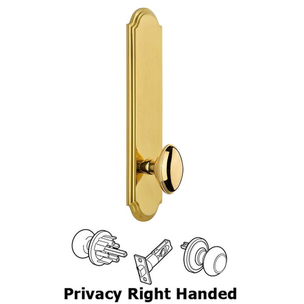 Grandeur Tall Plate Privacy with Eden Prairie Right Handed Knob in Lifetime Brass