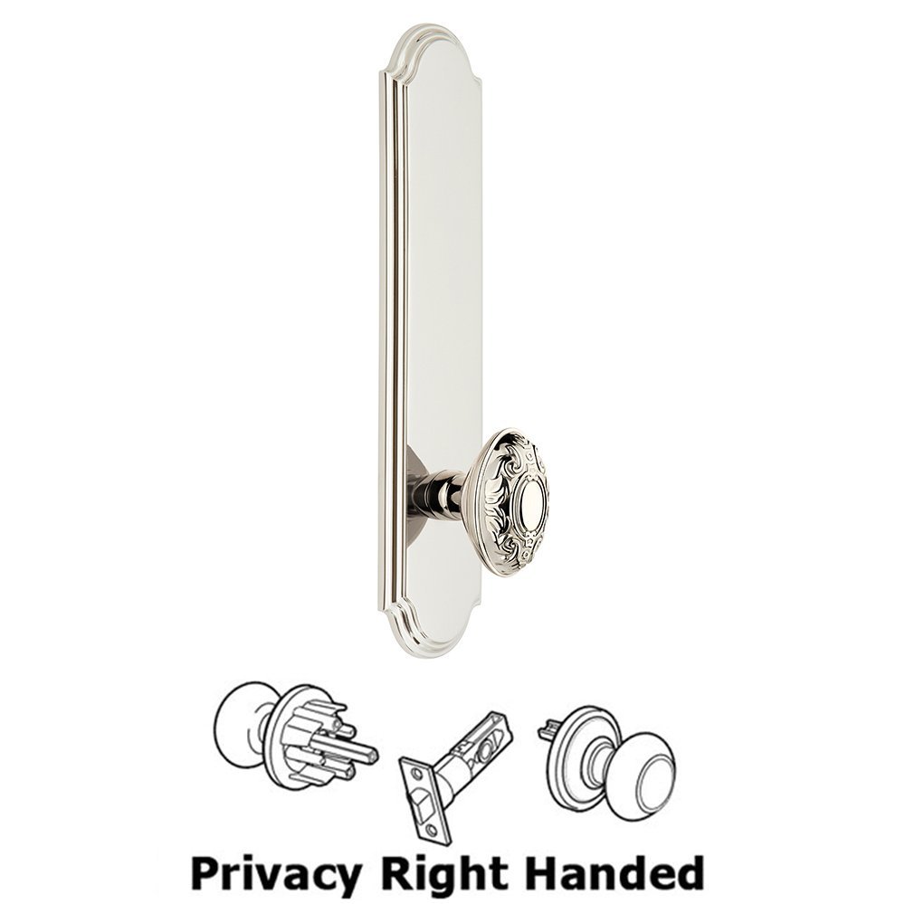 Grandeur Tall Plate Privacy with Grande Victorian Right Handed Knob in Polished Nickel