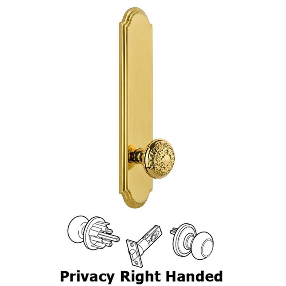 Grandeur Tall Plate Privacy with Windsor Right Handed Knob in Polished Brass