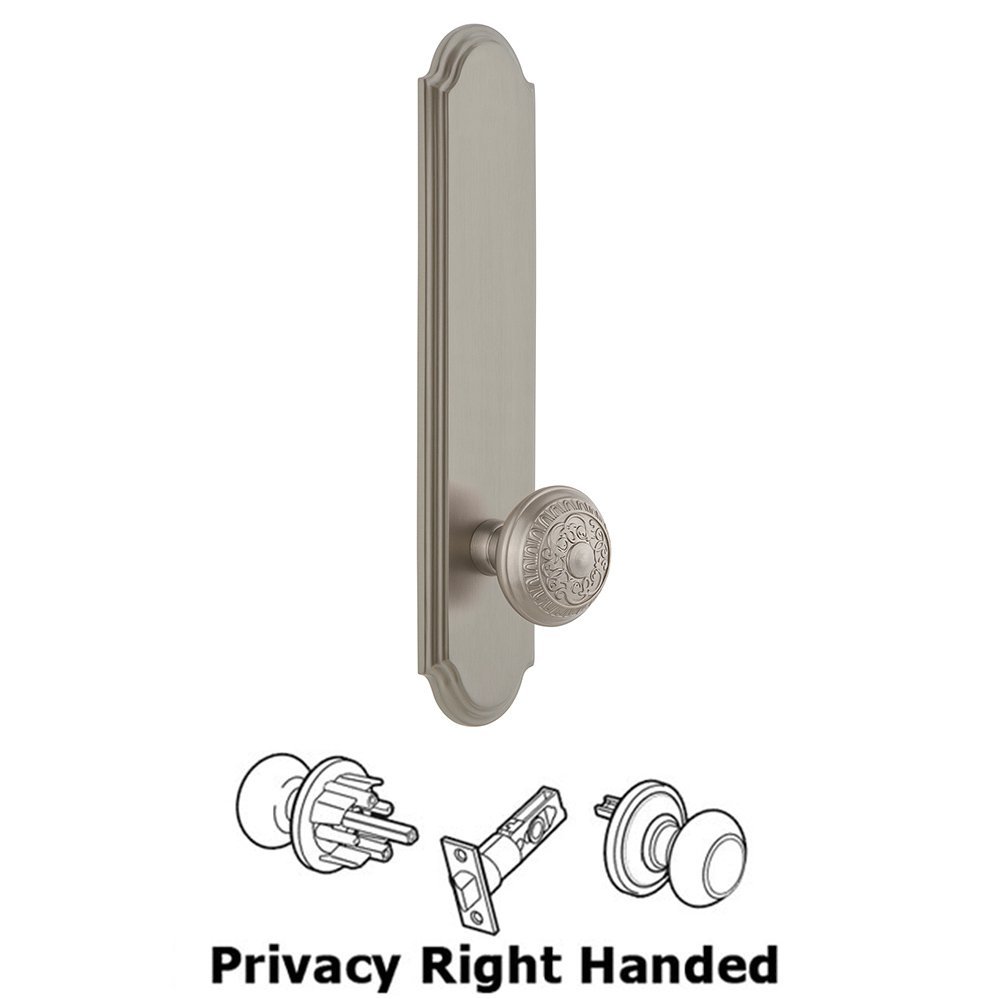 Grandeur Tall Plate Privacy with Windsor Right Handed Knob in Satin Nickel