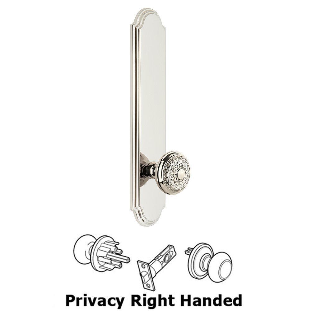 Grandeur Tall Plate Privacy with Windsor Right Handed Knob in Polished Nickel