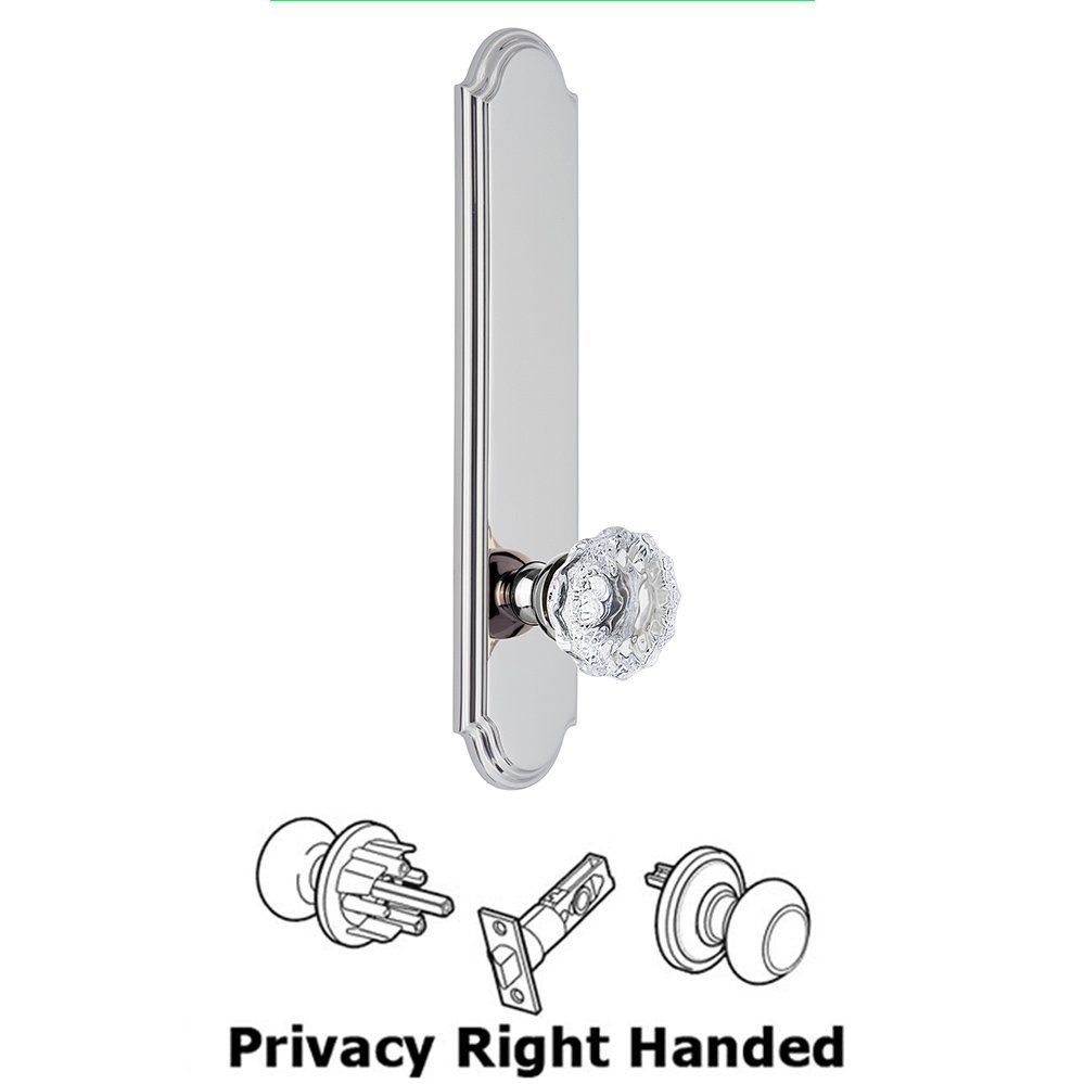 Grandeur Tall Plate Privacy with Fontainebleau Right Handed Knob in Bright Chrome