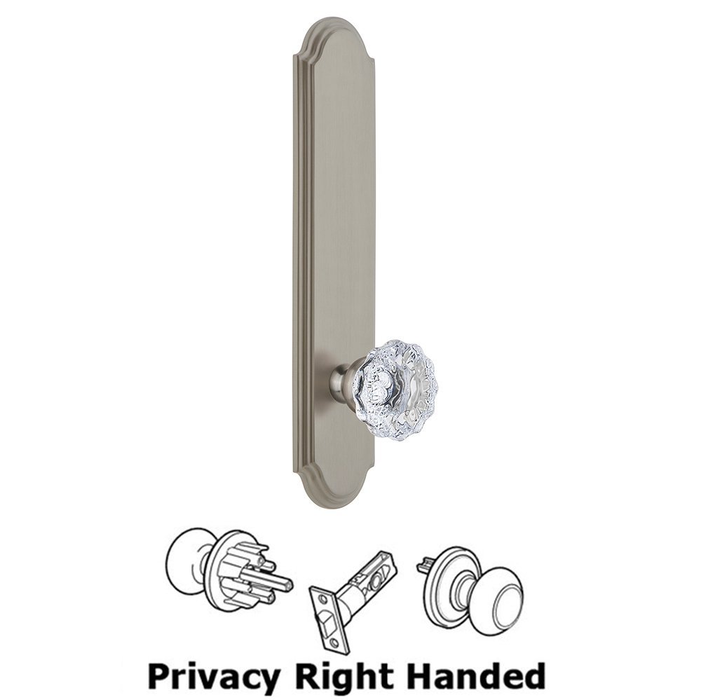 Grandeur Tall Plate Privacy with Fontainebleau Right Handed Knob in Satin Nickel