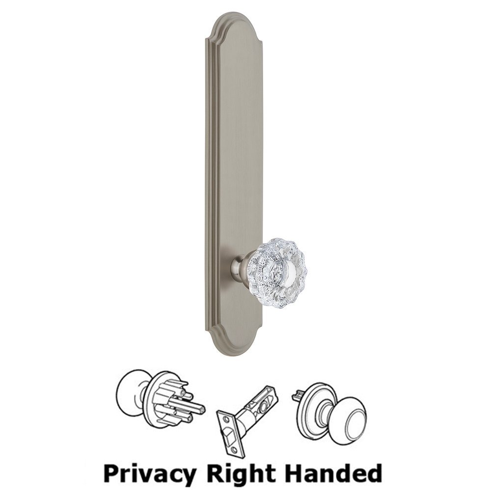 Grandeur Tall Plate Privacy with Versailles Right Handed Knob in Satin Nickel