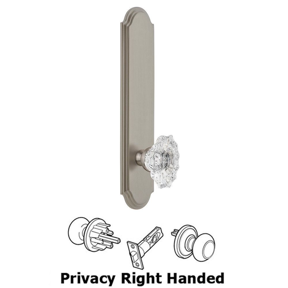 Grandeur Tall Plate Privacy with Biarritz Right Handed Knob in Satin Nickel