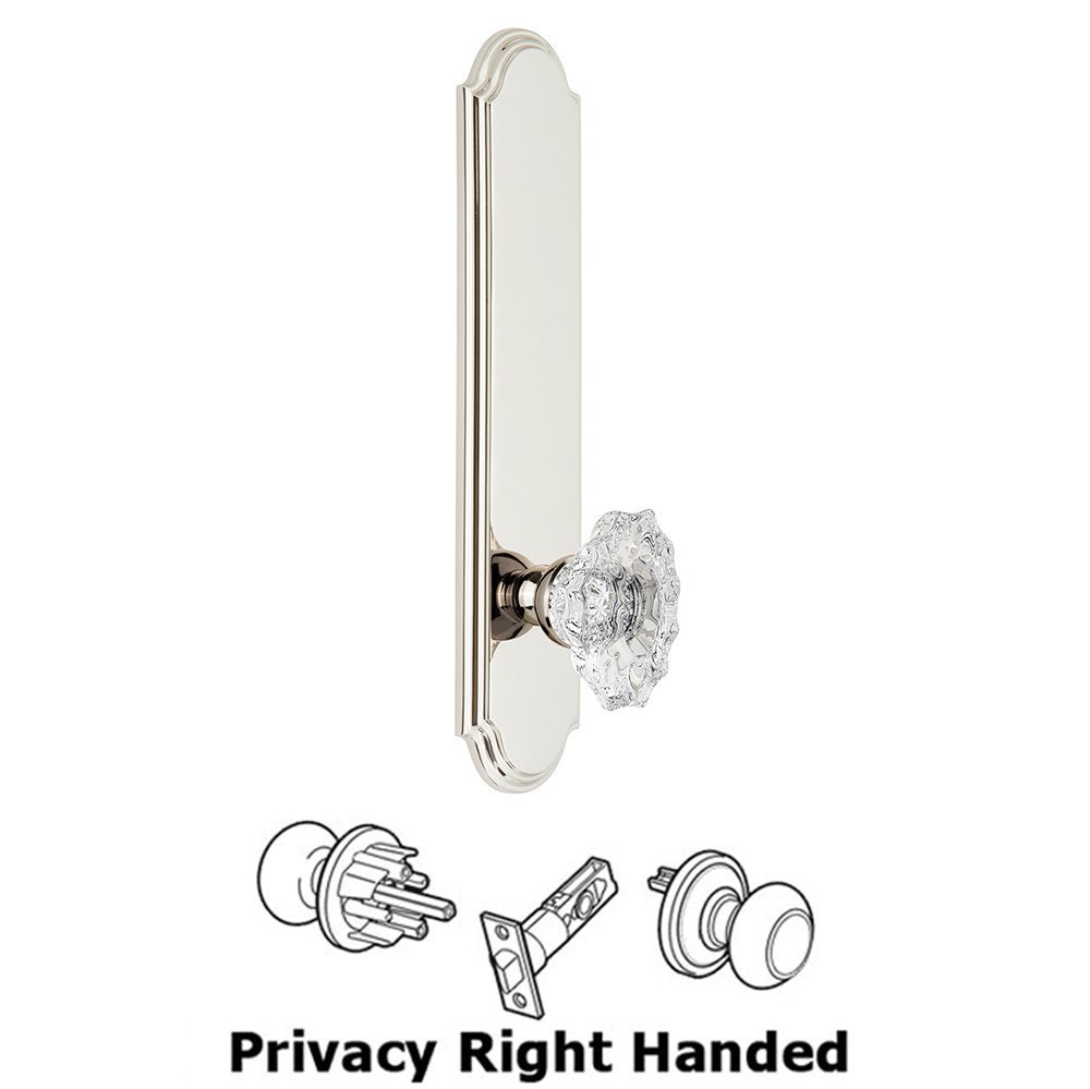 Grandeur Tall Plate Privacy with Biarritz Right Handed Knob in Polished Nickel