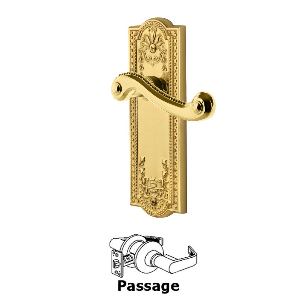Grandeur Passage Parthenon Plate with Newport Right Handed Lever in Polished Brass