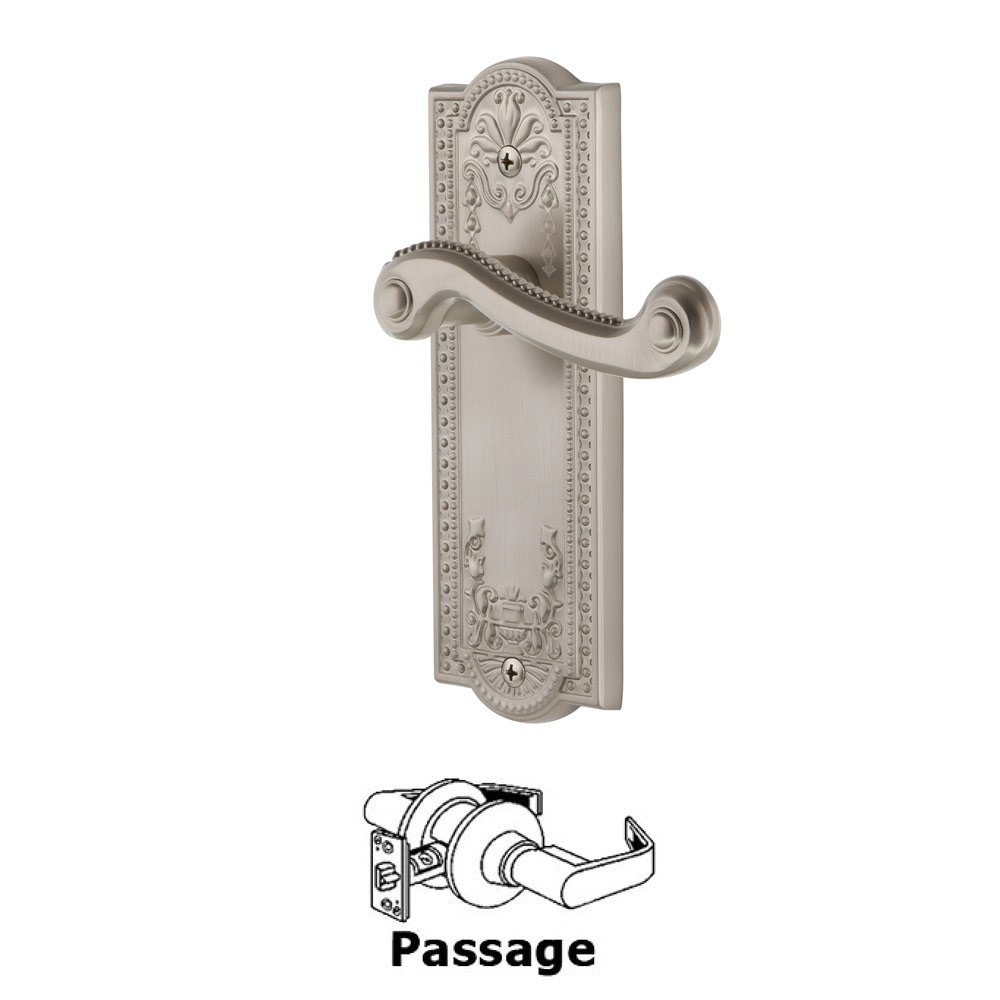 Grandeur Passage Parthenon Plate with Newport Right Handed Lever in Satin Nickel