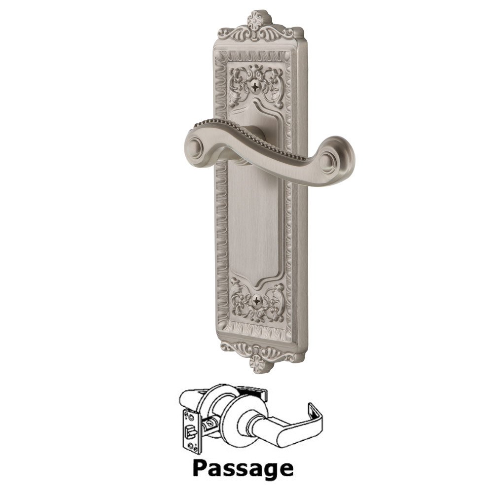 Grandeur Passage Windsor Plate with Right Handed Newport Lever in Satin Nickel