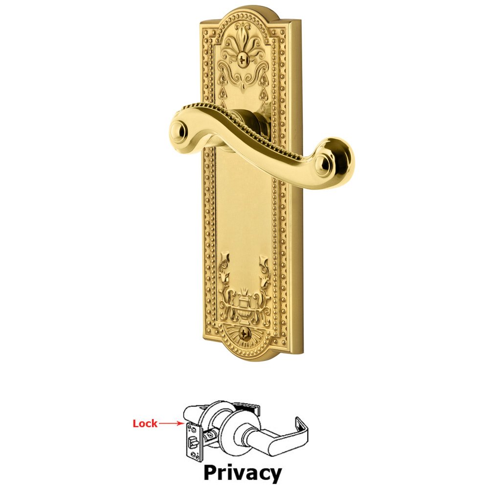 Grandeur Privacy Parthenon Plate with Newport Left Handed Lever in Polished Brass