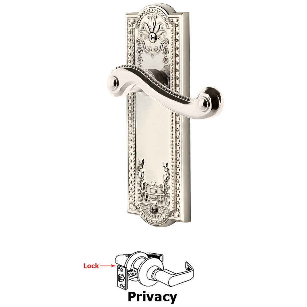 Grandeur Privacy Parthenon Plate with Newport Right Handed Lever in Polished Nickel