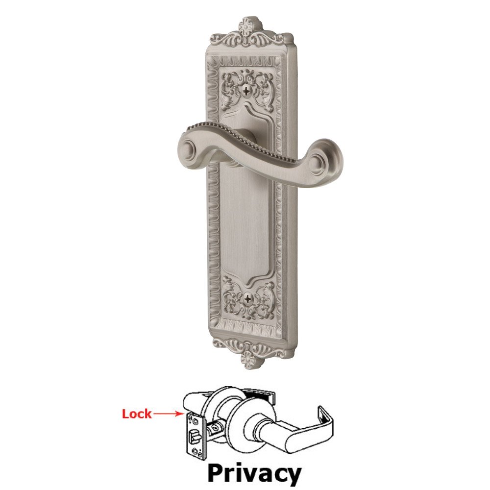 Grandeur Privacy Windsor Plate with Right Handed Newport Lever in Satin Nickel