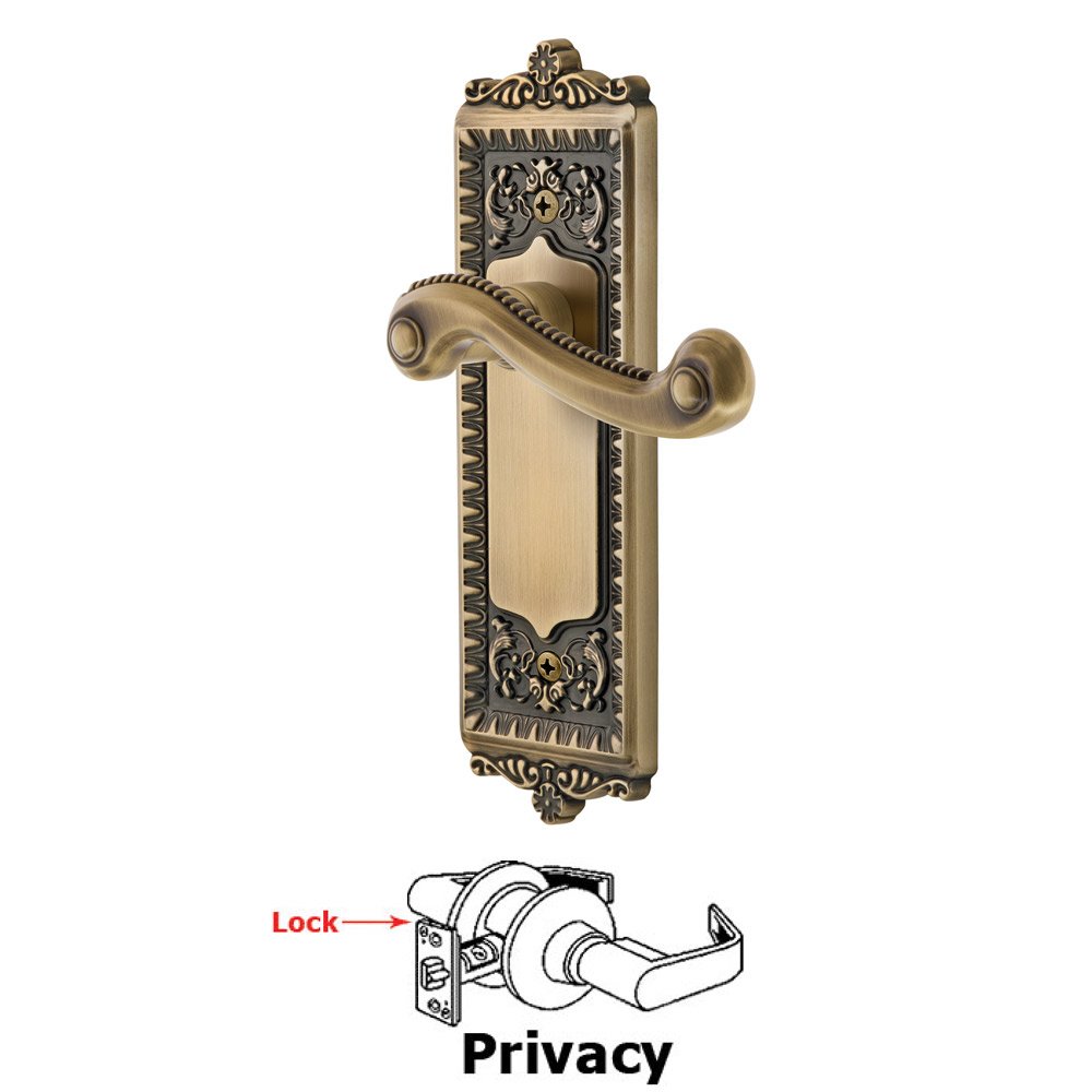 Grandeur Privacy Windsor Plate with Right Handed Newport Lever in Vintage Brass