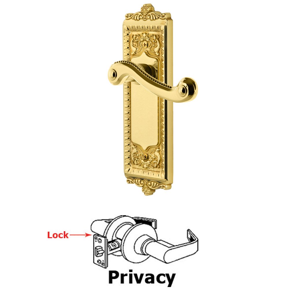 Grandeur Privacy Windsor Plate with Right Handed Newport Lever in Lifetime Brass
