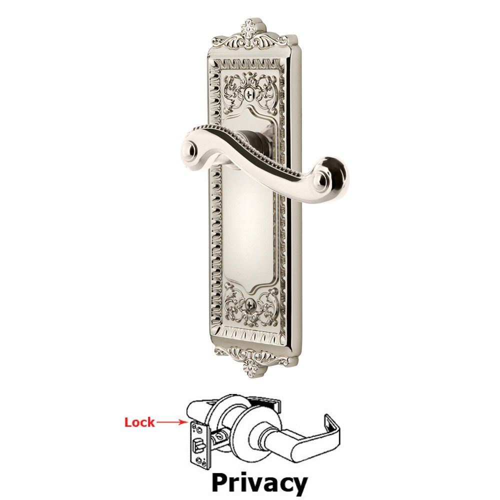 Grandeur Privacy Windsor Plate with Right Handed Newport Lever in Polished Nickel