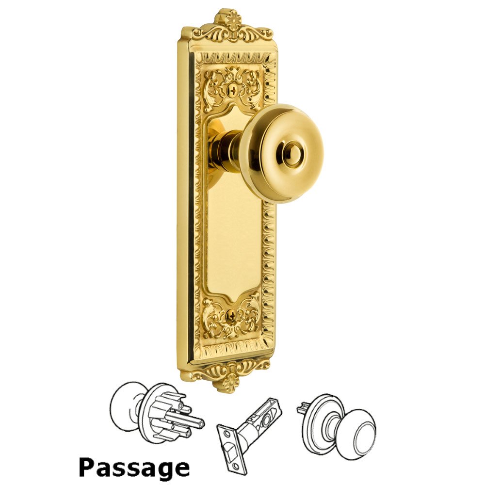 Grandeur Windsor Plate Passage with Bouton Knob in Lifetime Brass
