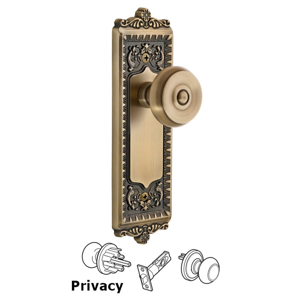 Grandeur Windsor Plate Privacy with Bouton Knob in Vintage Brass