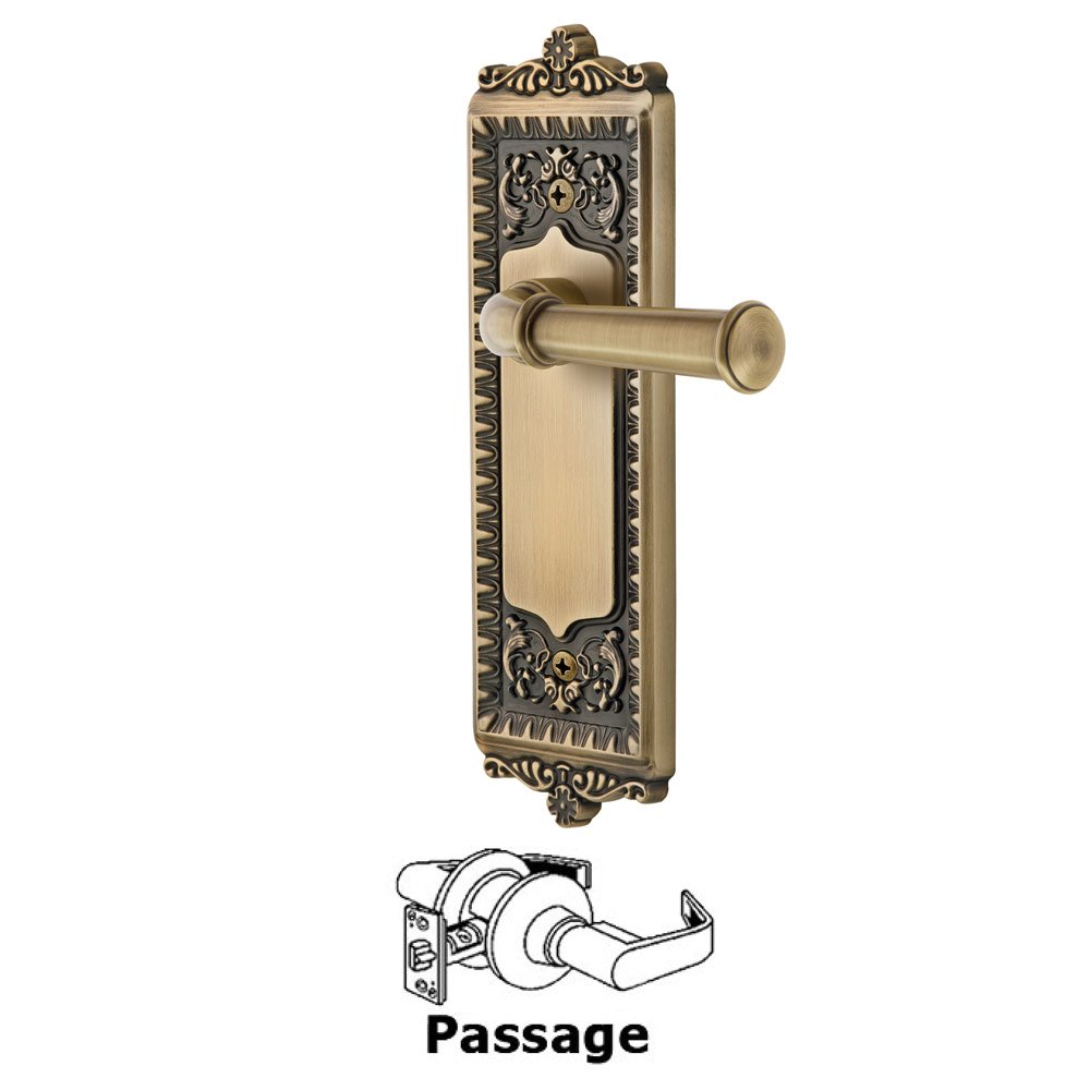 Grandeur Passage Windsor Plate with Right Handed Georgetown Lever in Vintage Brass