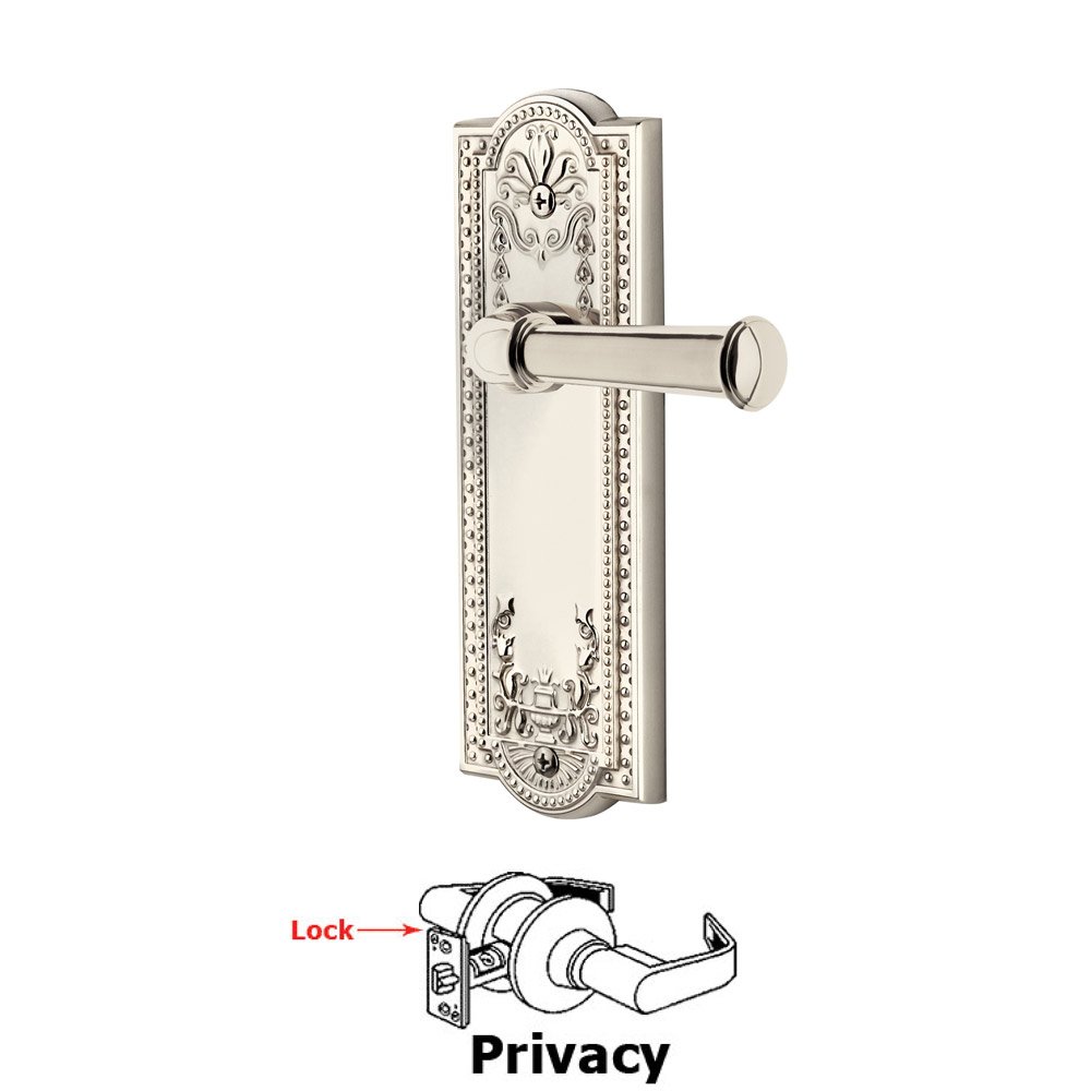 Grandeur Privacy Parthenon Plate with Georgetown Left Handed Lever in Polished Nickel
