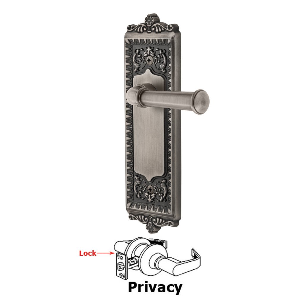 Grandeur Privacy Windsor Plate with Right Handed Georgetown Lever in Antique Pewter