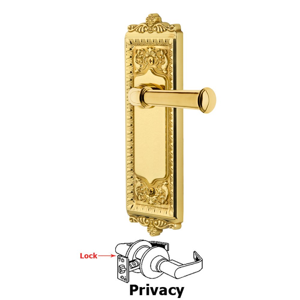 Grandeur Privacy Windsor Plate with Right Handed Georgetown Lever in Polished Brass